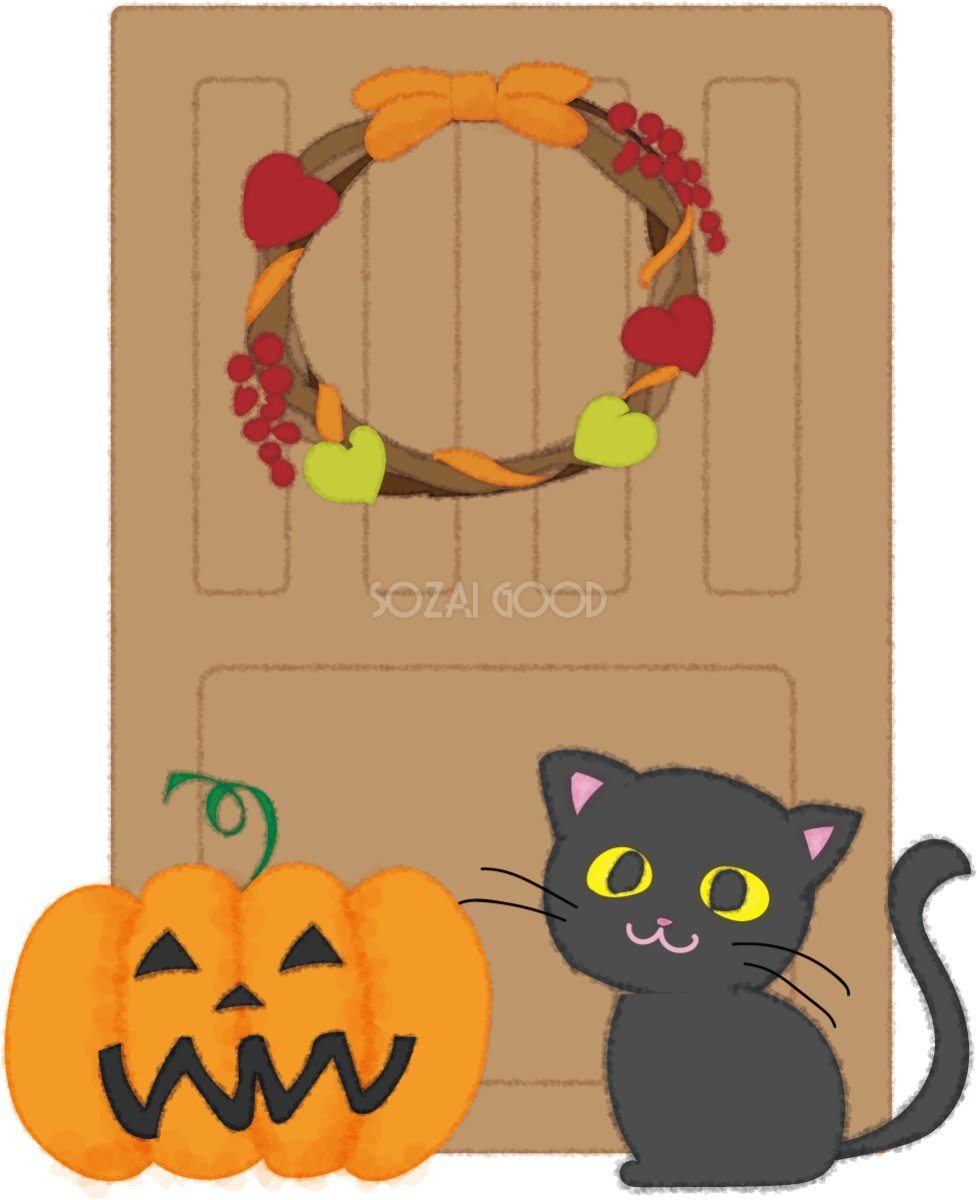 ねこのかわいいハロウィン(かぼちゃ&ドア)無料イラスト54518