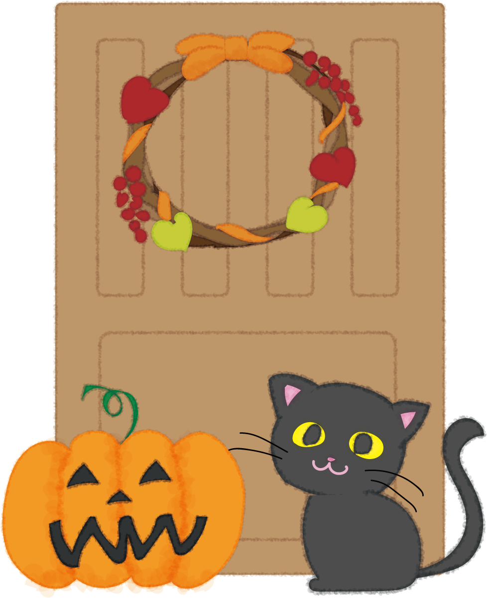 ねこのかわいいハロウィン(かぼちゃ＆ドア)無料イラスト54518に写真・文字を入れる