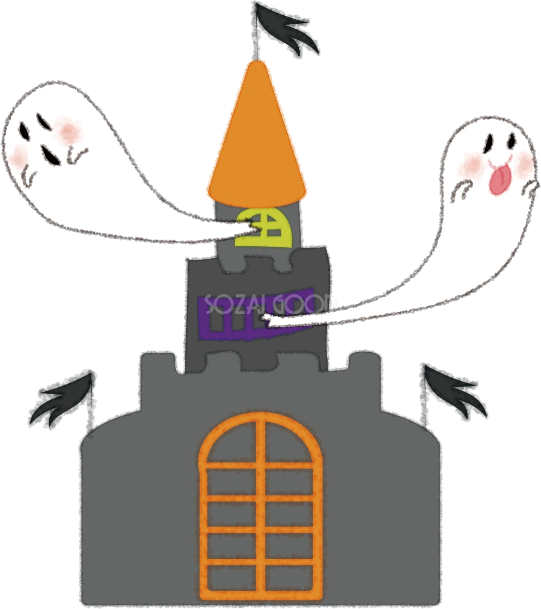 ハロウィンの城(おばけ)無料イラスト54572