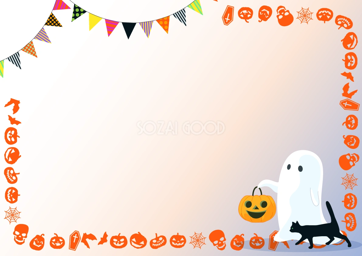 ハロウィンおばけとオレンジ色フレーム枠おしゃれ無料イラスト画像54640
