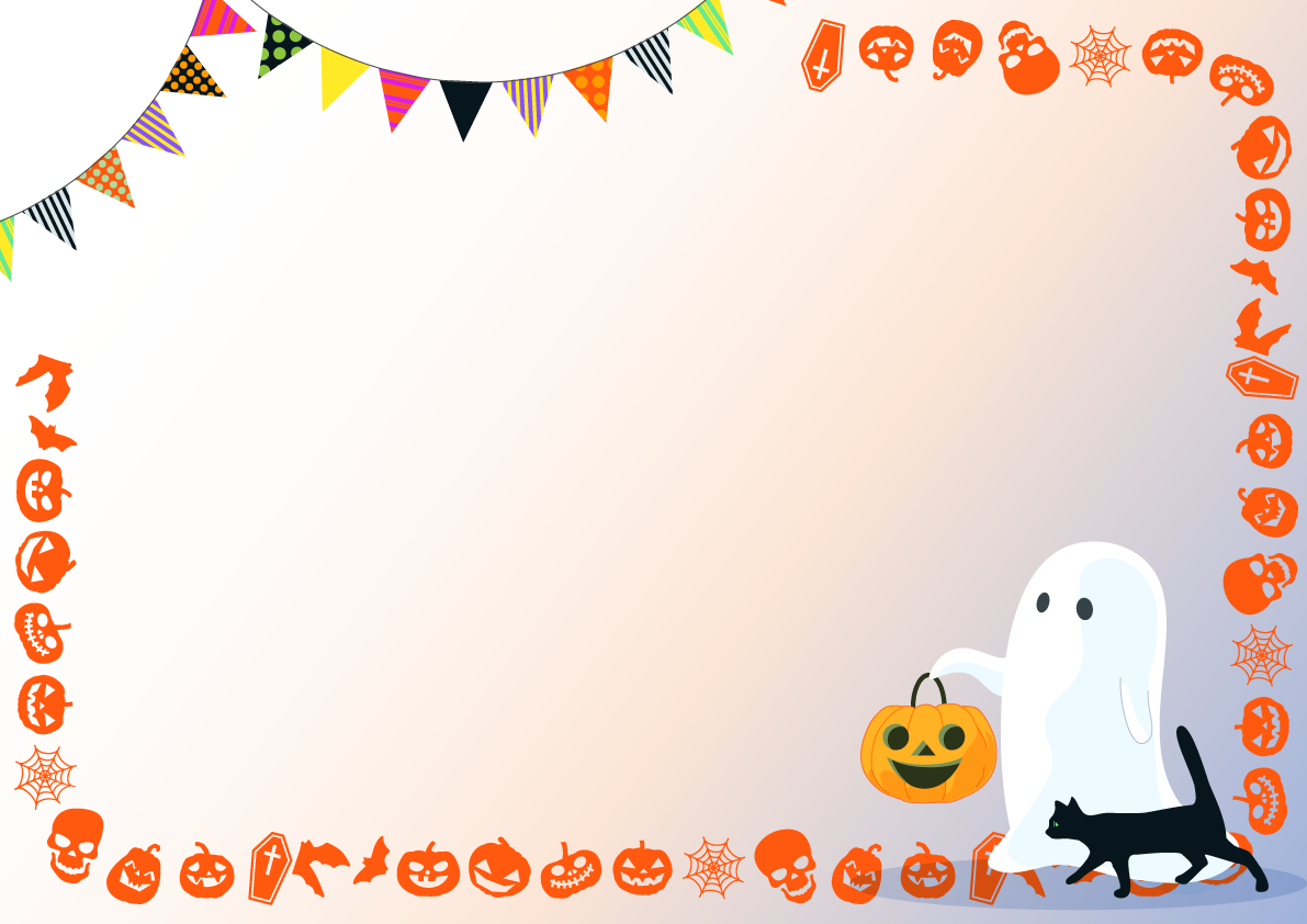 ハロウィンおばけとオレンジ色フレーム枠おしゃれ無料イラスト画像54640に写真・文字を入れる