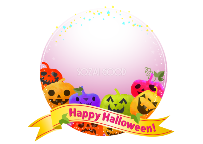 ハロウィンのリボン丸枠フレームおしゃれかぼちゃ無料イラスト画像