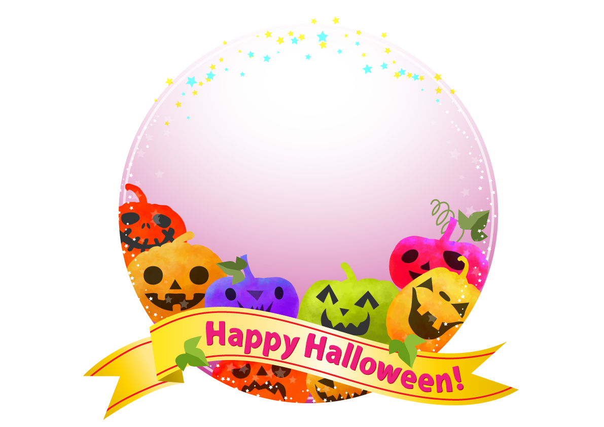 ハロウィンのリボン丸枠フレームおしゃれかぼちゃ無料イラスト画像54656に写真・文字を入れる