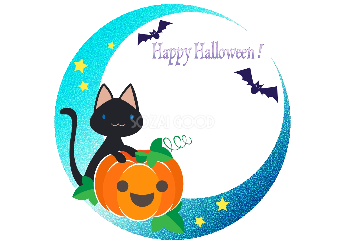 ハロウィン可愛い三日月と猫とかぼちゃ枠フレーム無料イラスト画像54660