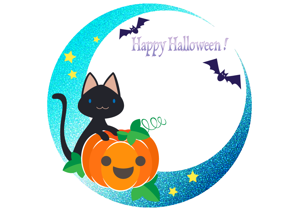 ハロウィン可愛い三日月と猫とかぼちゃ枠フレーム無料イラスト画像54660に写真・文字を入れる