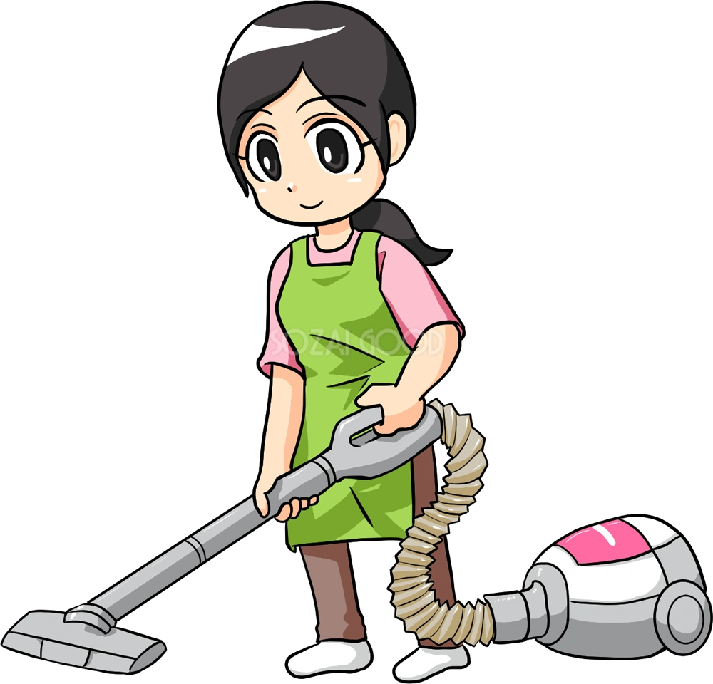 掃除機で掃除中のお母さん 無料イラスト