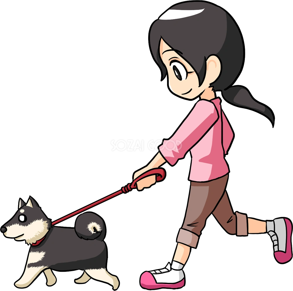 犬を散歩する女性 無料イラスト