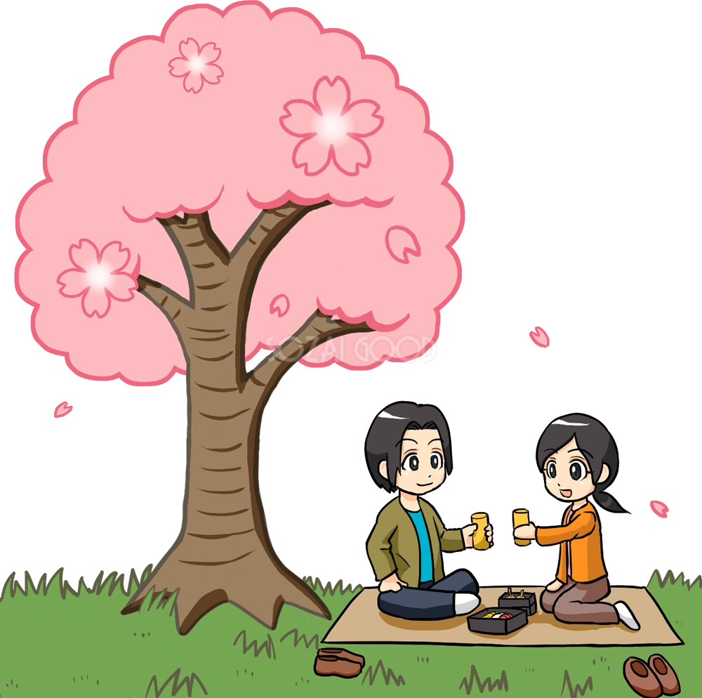 桜の木の下で花見をする男性と女性 無料イラスト