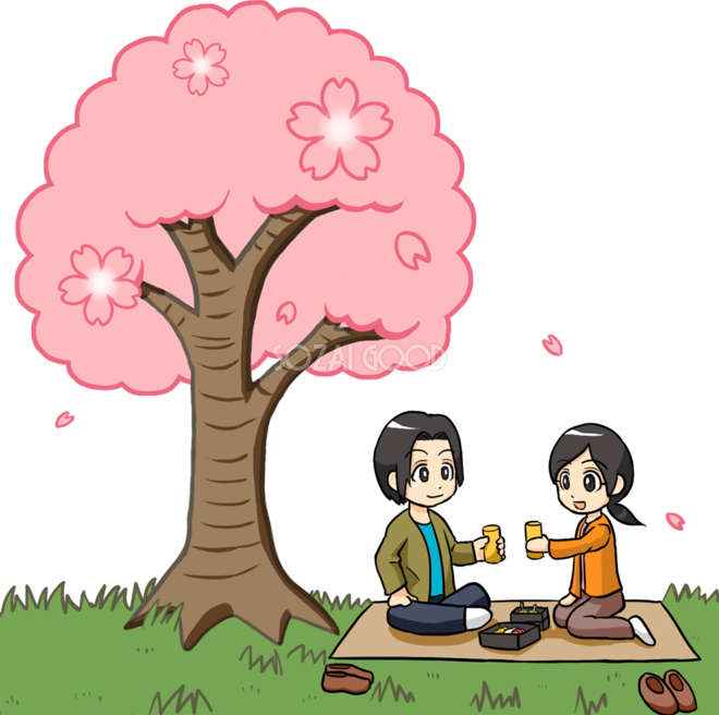 桜の木の下で花見をする男性と女性 無料イラスト 素材good