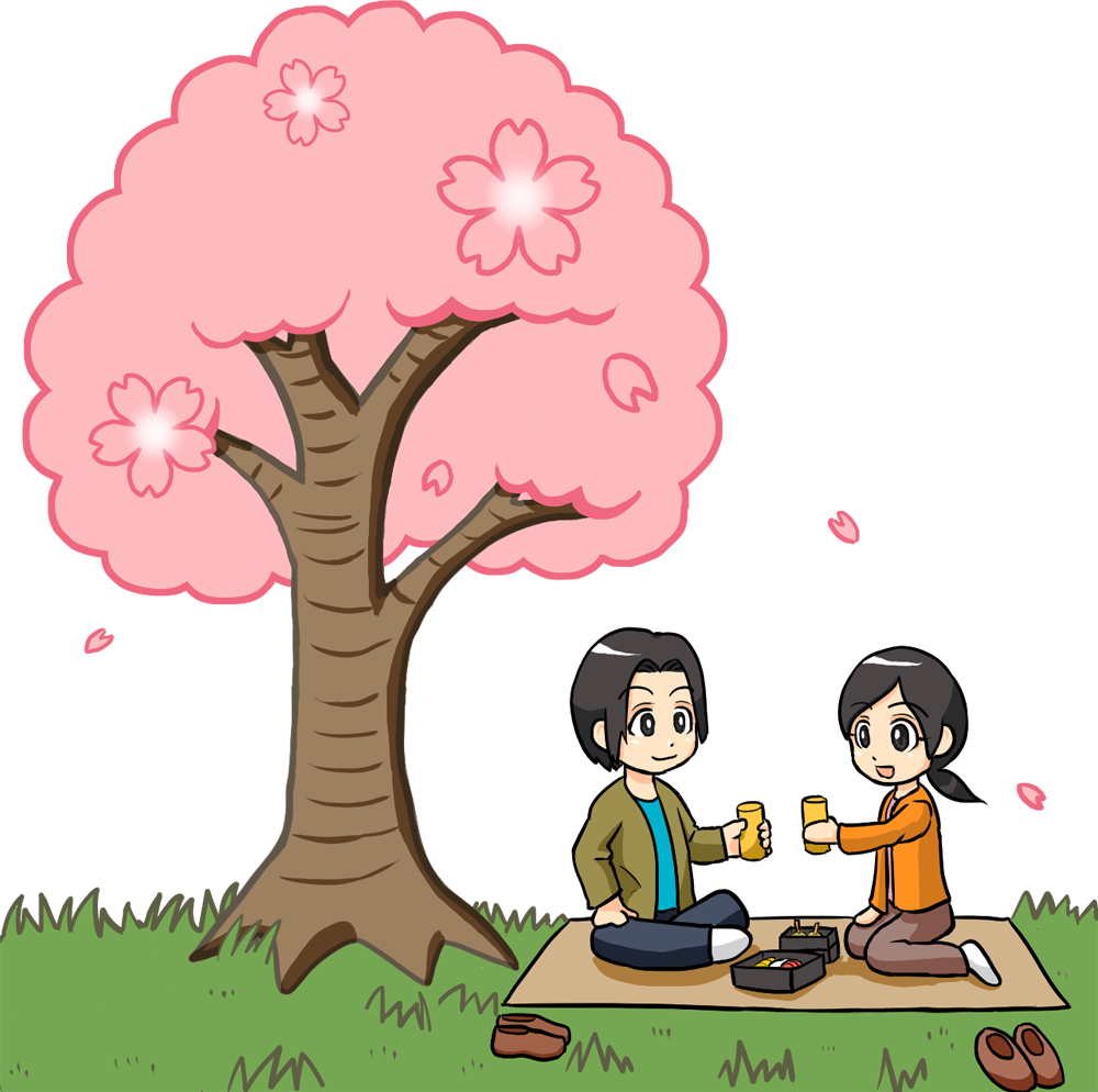 桜の木の下で花見をする男性と女性 無料イラストに写真・文字を入れる