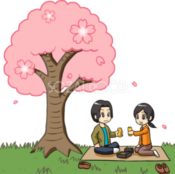 桜の木の下で花見をする男性と女性 無料イラスト