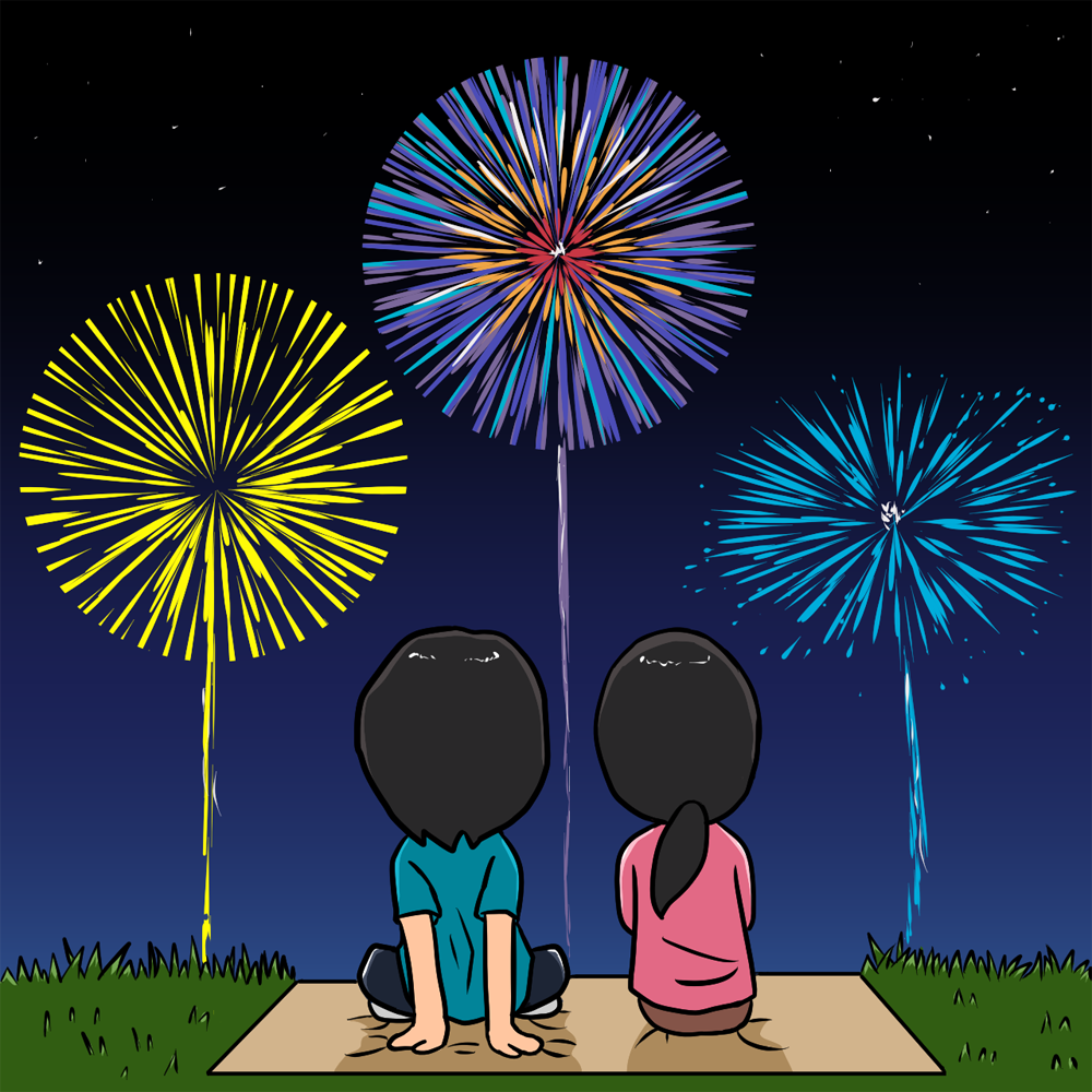 花火大会で花火を見る男性と女性 無料イラストに写真・文字を入れる