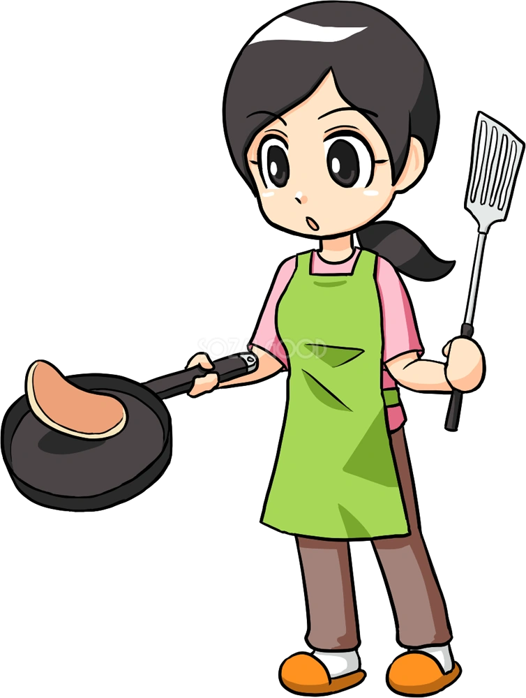 フライパンで料理をする女性 無料イラスト