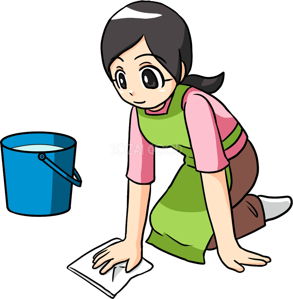 拭き掃除をしている女性 無料イラスト