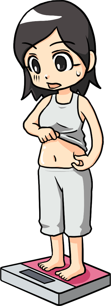 体重計に乗りダイエットに悩む女性 無料イラストに写真・文字を入れる