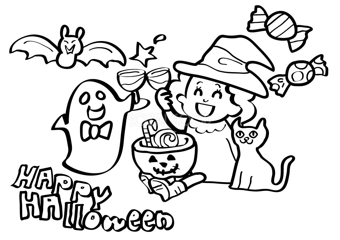 ぬりえに使えるハロウィン(オバケたち)無料イラスト55317