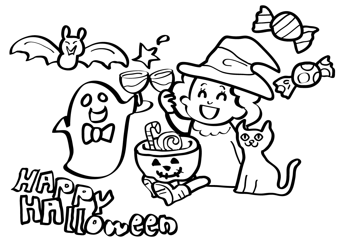 ぬりえに使えるハロウィン(オバケたち)無料イラスト55317に写真・文字を入れる