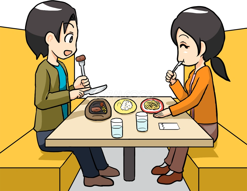 ファミレスやレストランで食事をする男性と女性 無料イラスト