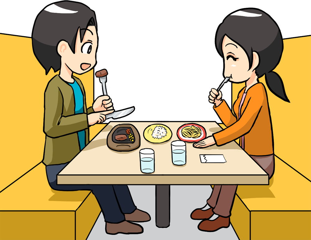 ファミレスやレストランで食事をする男性と女性 無料イラストに写真・文字を入れる