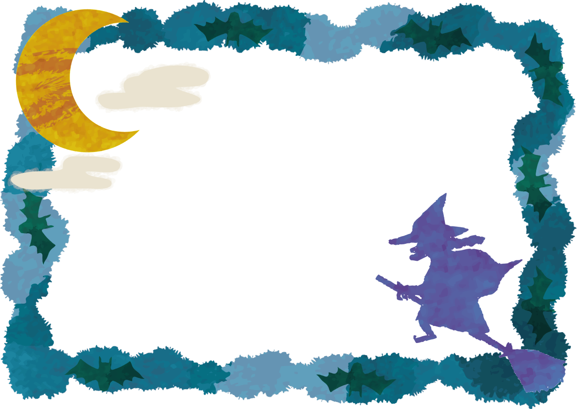 ハロウィン(空を飛ぶ月と魔女)フレーム枠無料イラスト55405に写真・文字を入れる