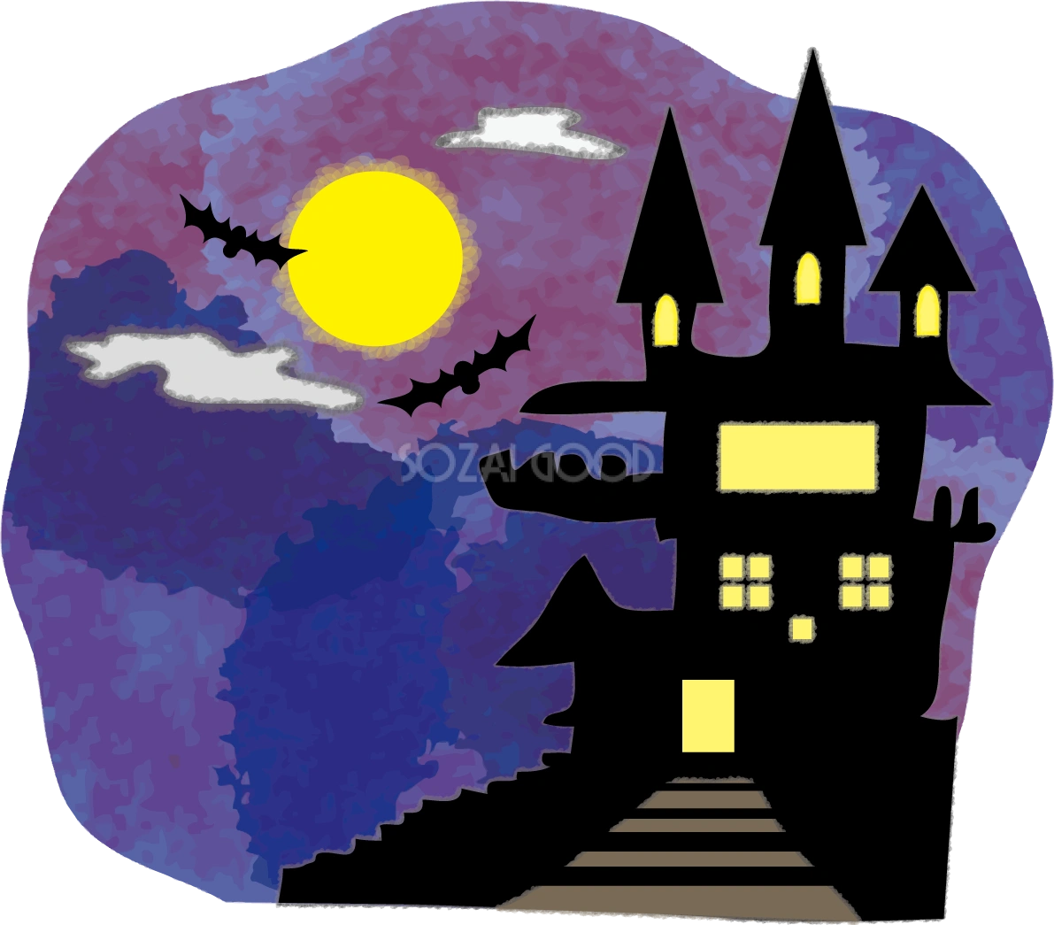 ハロウィンの城(満月の月夜)無料イラスト55453
