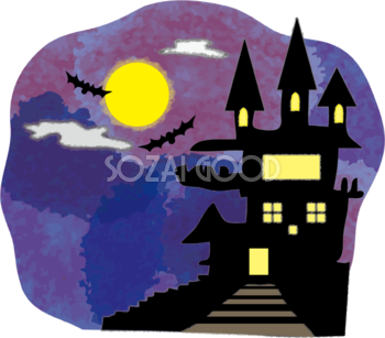 ハロウィンの城(満月の月夜)無料イラスト55453