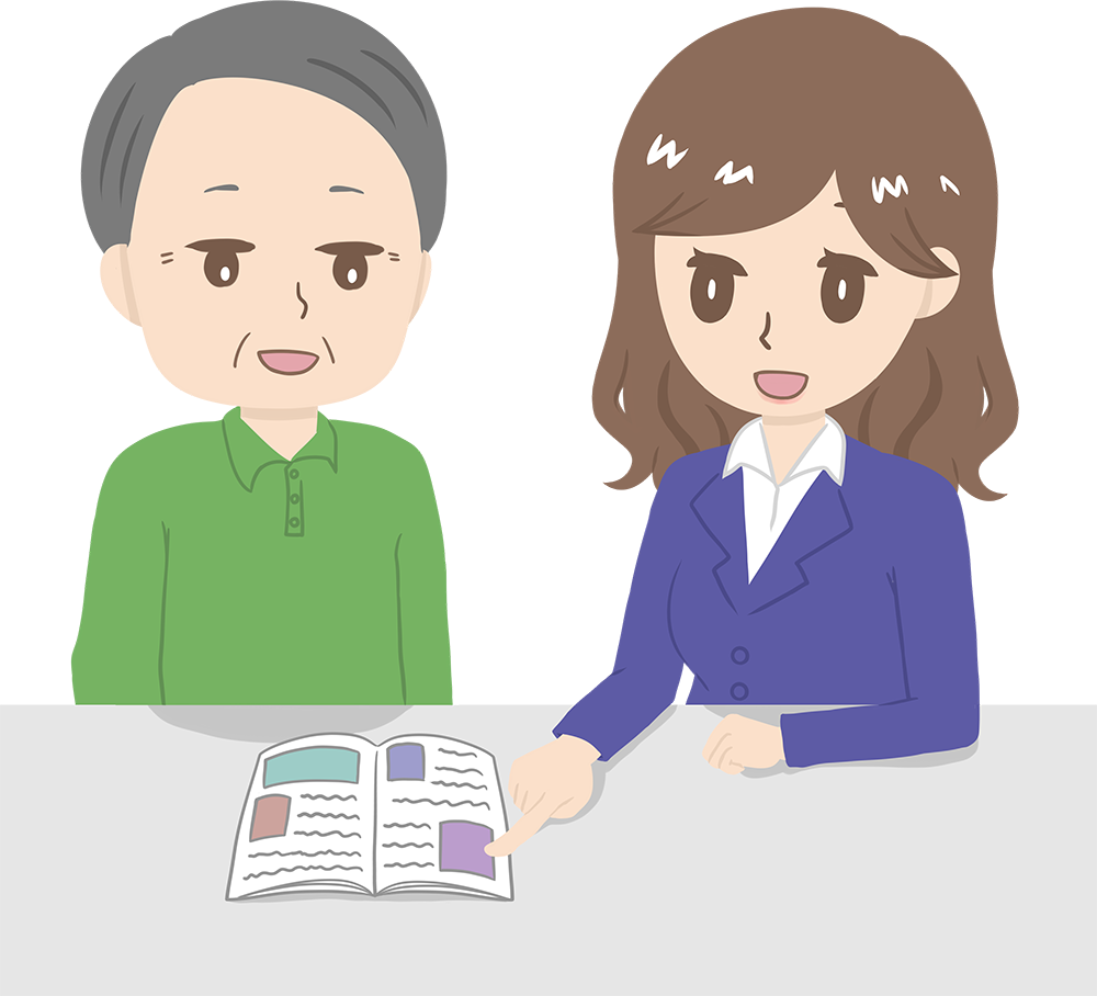 女性講師がおじいちゃんに教える（説明） ビジネス 無料イラストに写真・文字を入れる
