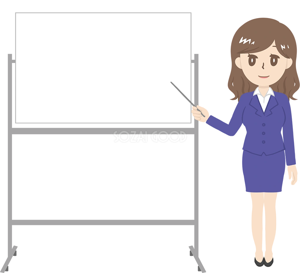 女性講師が指示棒でホワイトボードを指す ビジネス 無料イラスト