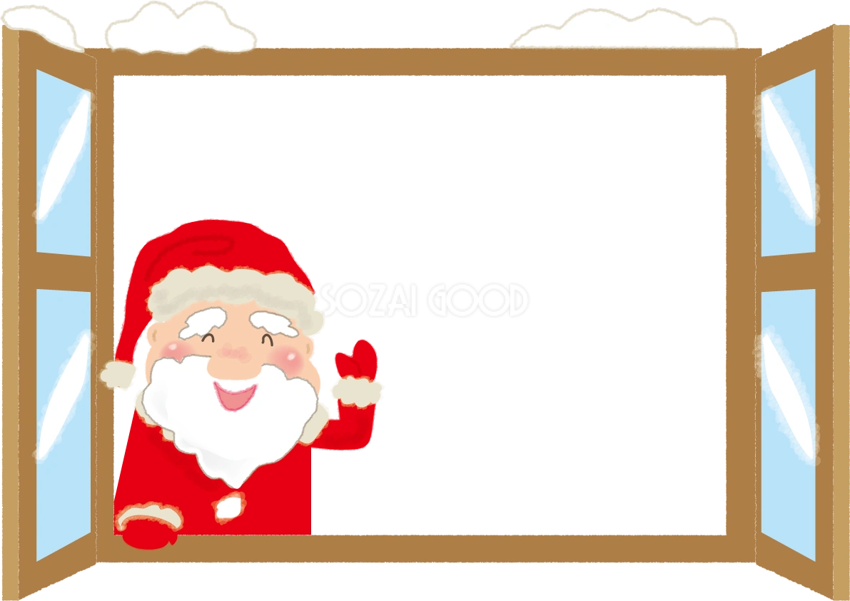 サンタさんが窓から手を振るクリスマスかわいいフレーム無料イラスト57750