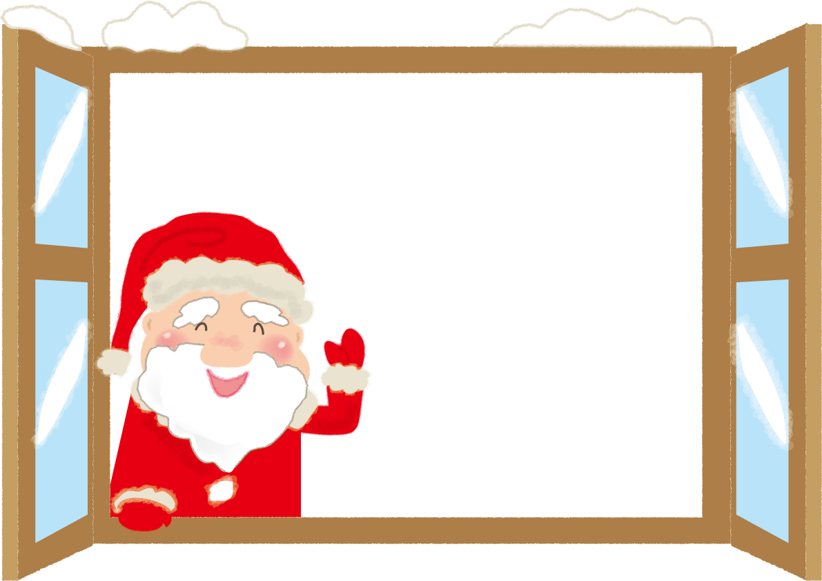 サンタさんが窓から手を振るクリスマスかわいいフレーム無料イラスト57750に写真・文字を入れる