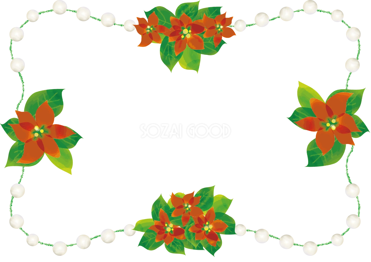 ポインセチアとパールのクリスマスイラストおしゃれフレーム無料イラスト57817