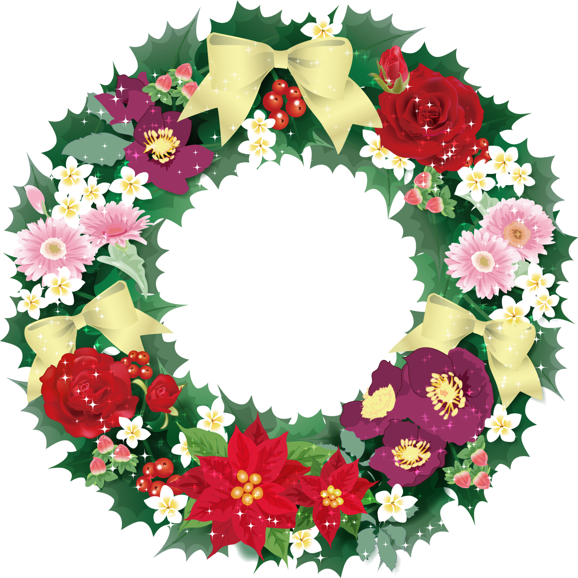 クリスマス 花いっぱいのリース(フレーム)飾り枠の無料イラスト画像58321に写真・文字を入れる