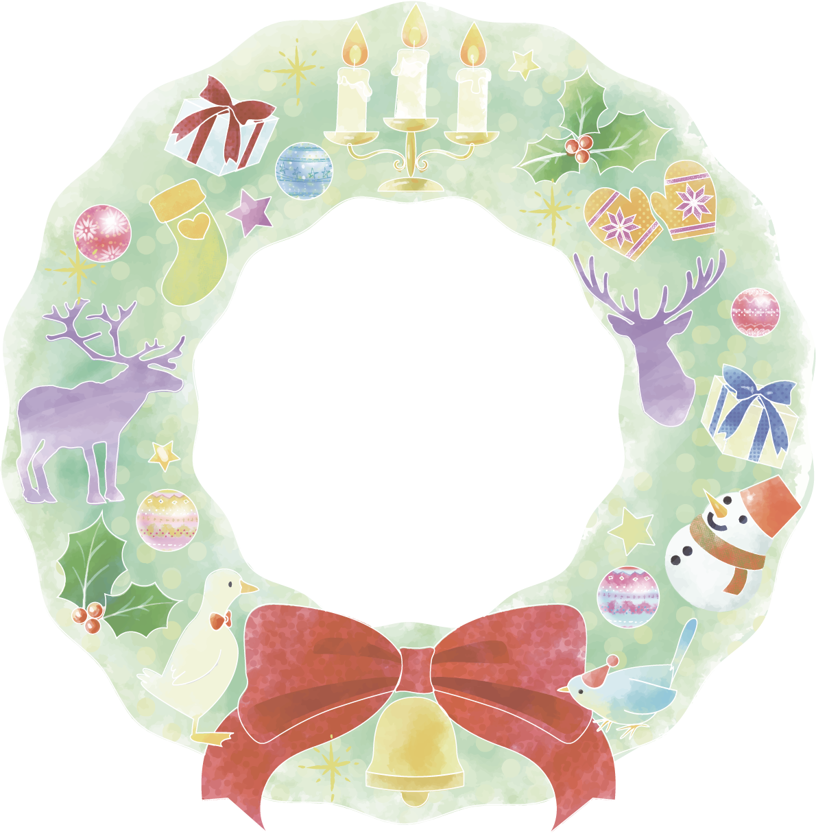 クリスマス 水彩風のリース(フレーム)飾り枠の無料イラスト画像58325に写真・文字を入れる