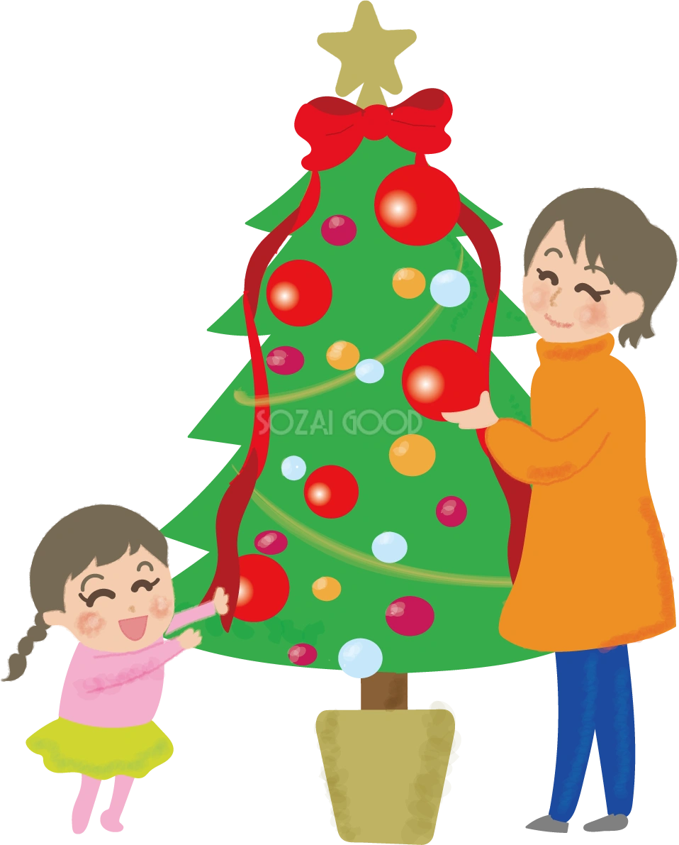 クリスマスツリーに飾り付けをするお母さんと女の子の無料イラスト58595