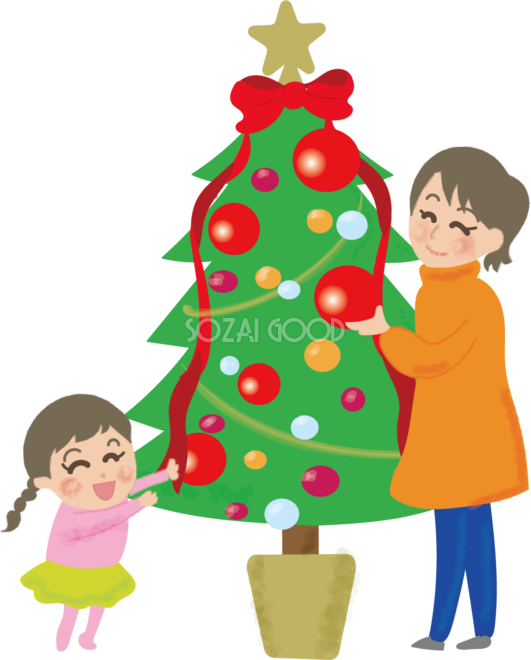 クリスマスツリーに飾り付けをするお母さんと女の子の無料イラスト 素材good