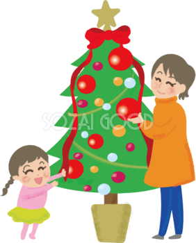 クリスマスツリーに飾り付けをするお母さんと女の子の無料イラスト58595