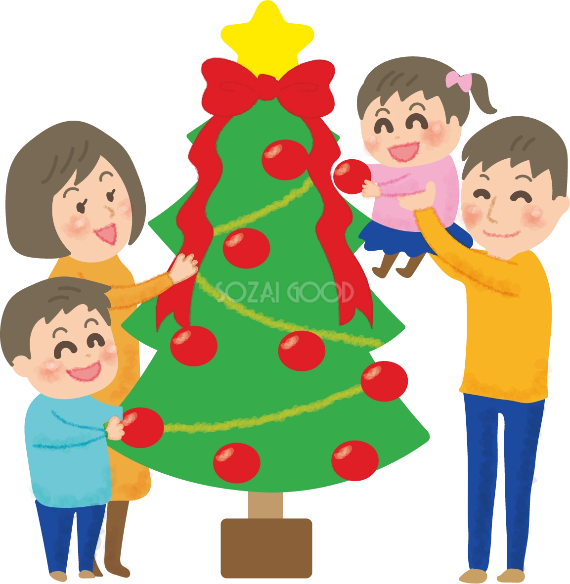 クリスマスツリーに飾り付けをする家族の無料イラスト58599