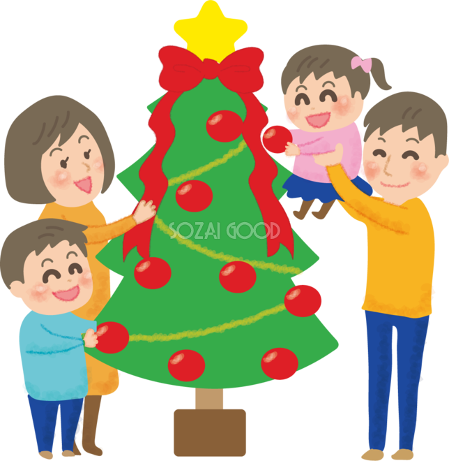 クリスマスツリーに飾り付けをする家族の無料イラスト 素材good