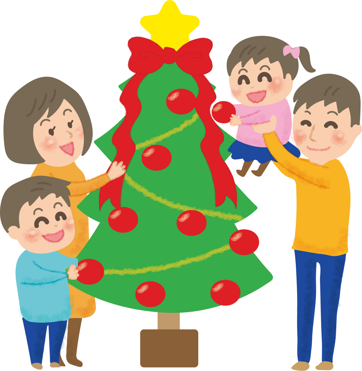 クリスマスツリーに飾り付けをする家族の無料イラスト58599に写真・文字を入れる