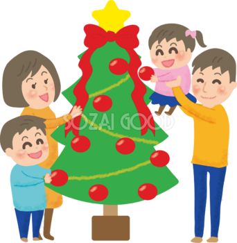 クリスマスツリーに飾り付けをする家族の無料イラスト58599