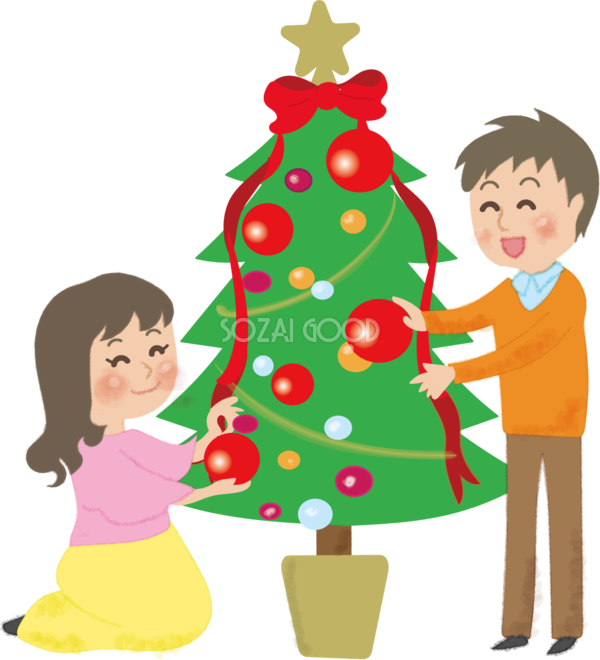 クリスマスツリーに飾り付けをする男女カップルの無料イラスト58605