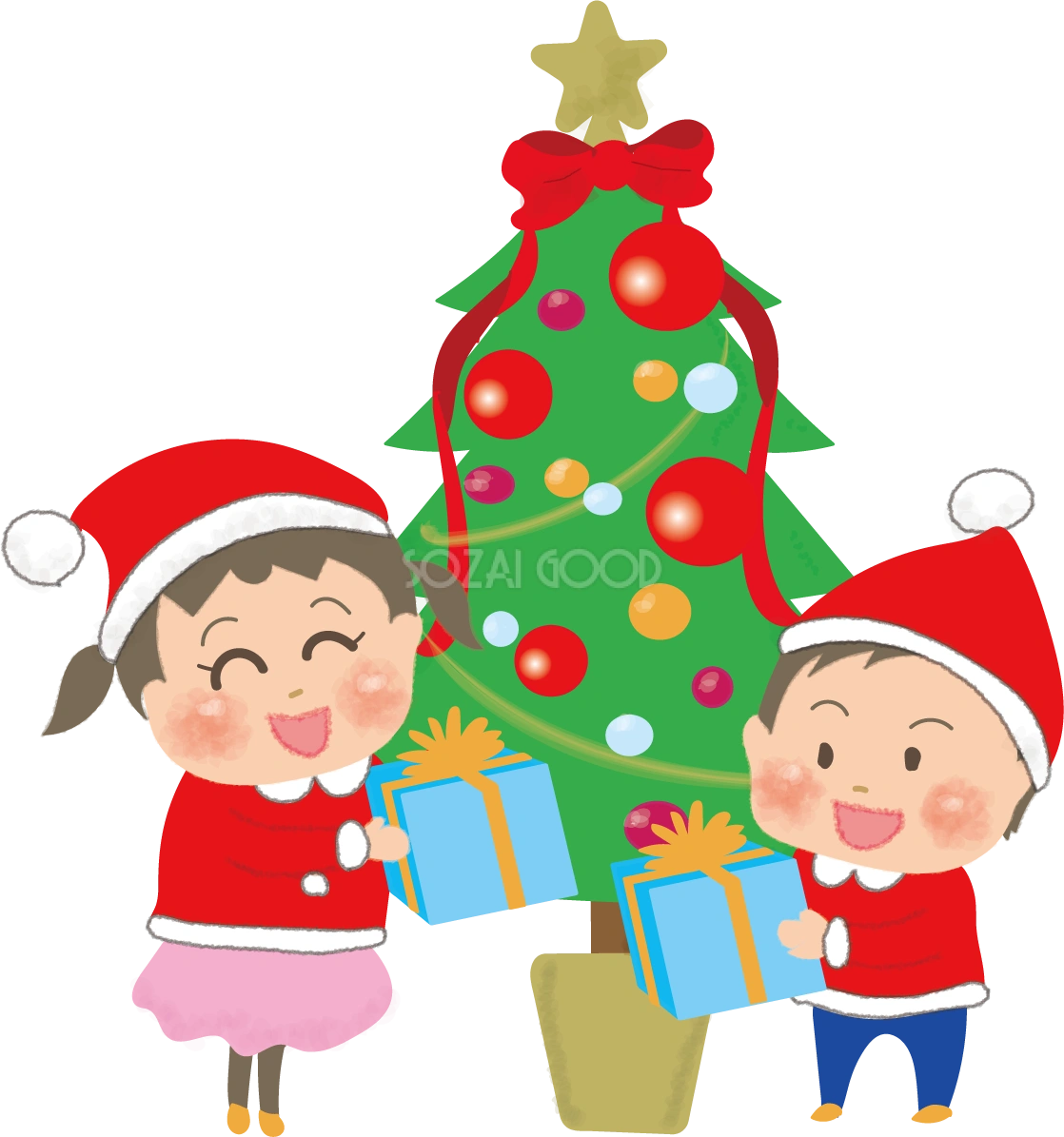 クリスマスツリーの前でプレゼント交換する子供たちの無料イラスト58609