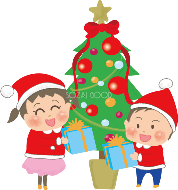 クリスマスツリーの前でプレゼント交換する子供たちの無料イラスト58609 素材good
