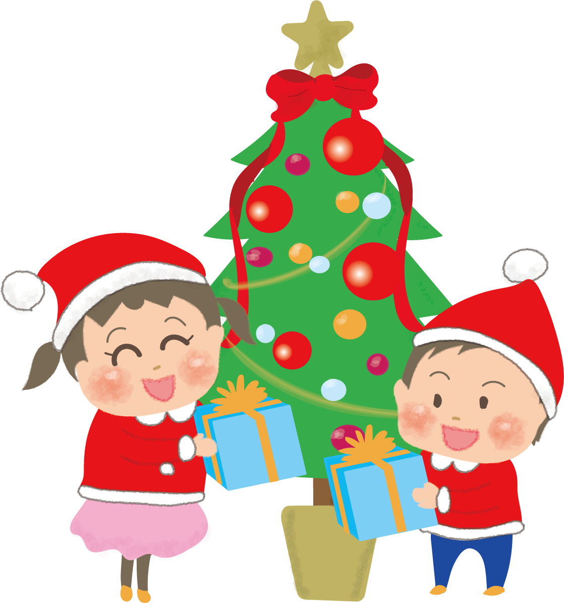 クリスマスツリーの前でプレゼント交換する子供たちの無料イラスト58609に写真・文字を入れる