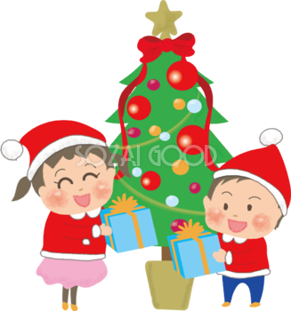 クリスマスツリーの前でプレゼント交換する子供たちの無料イラスト58609