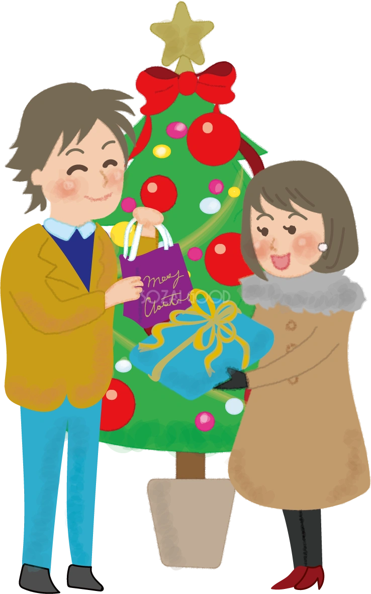 クリスマスツリーの前でプレゼント交換する男女カップルの無料イラスト58613