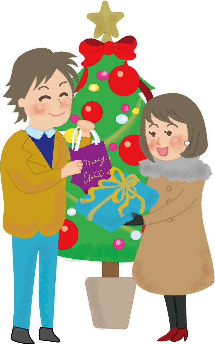 クリスマスツリーの前でプレゼント交換する男女カップルの無料イラスト58613に写真・文字を入れる
