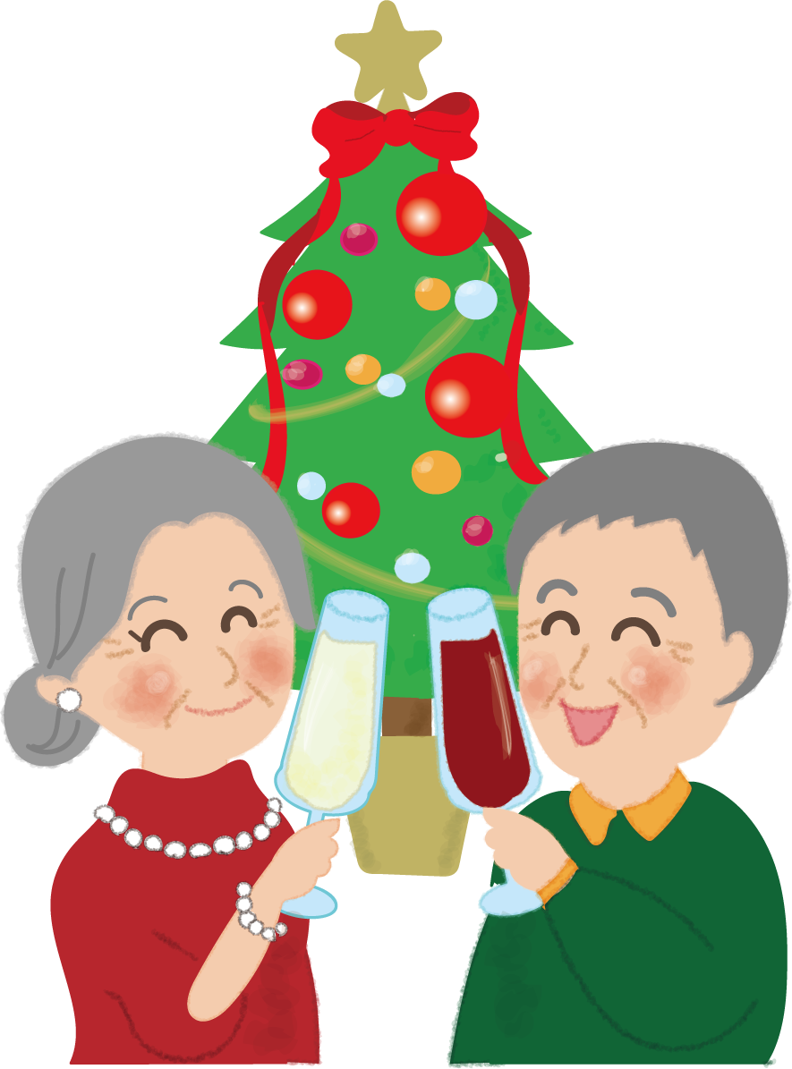 クリスマスツリーの前で乾杯するおじいちゃんおばあちゃんの無料イラスト58617に写真・文字を入れる