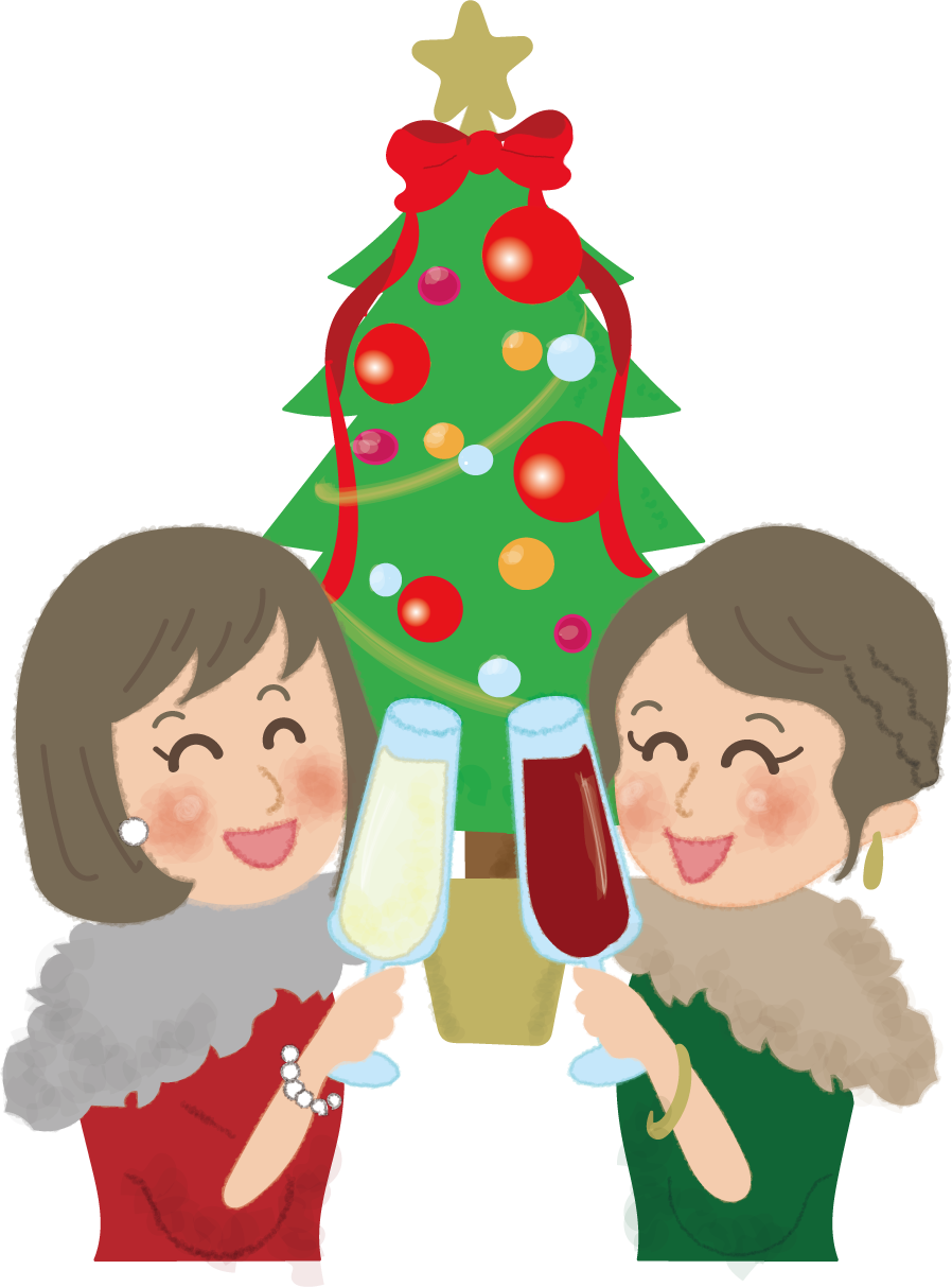 クリスマスツリーの前で乾杯する女子二人の無料イラスト58621に写真・文字を入れる
