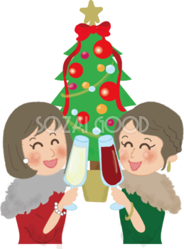 クリスマスツリーの前で乾杯する女子二人の無料イラスト58621
